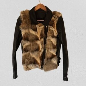 RARE - A.L.C. Fox Fur and Black Leather Biker Jacket Women's Size 2